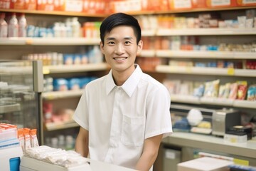 Wall Mural - Pharmacy, convenience store attendant posing looking at the camera