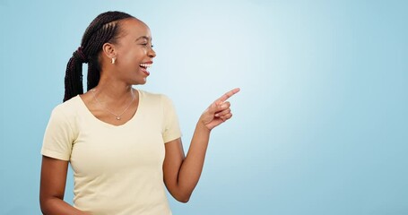 Wall Mural - Happy woman, face and advertising promotion in studio of choice, sales deal and offer on blue background. Portrait, african model and pointing to mockup, news and announcement of information about us