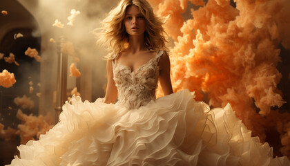 Poster - Beautiful fashion model exudes elegance and glamour in wedding dress generated by AI