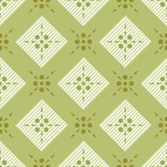 Wall Mural - In this seamless pattern, create an unusual green geometric pattern placed on a striped diamond frame, alternating on green background. Make it looks beautiful, unusual and outstanding.