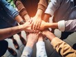 © peacehunter - Diverse business people group put hands together in stack pile at training as concept of sales team corporate unity connection, teambuilding loyalty, support in teamwork, coaching