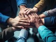 © peacehunter - Diverse business people group put hands together in stack pile at training as concept of sales team corporate unity connection, teambuilding loyalty, support in teamwork, coaching