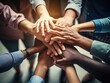© peacehunter - Diverse business people group put hands together in stack pile at training as concept of sales team corporate unity connection, teambuilding loyalty, support in teamwork, coaching