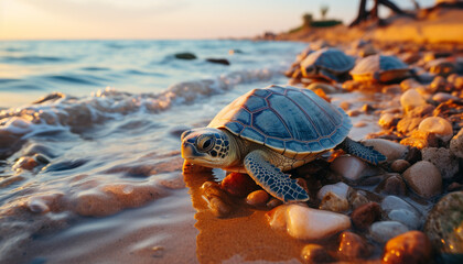 Wall Mural - Turtle crawls on sand, slow, enjoying the beautiful coastline generated by AI