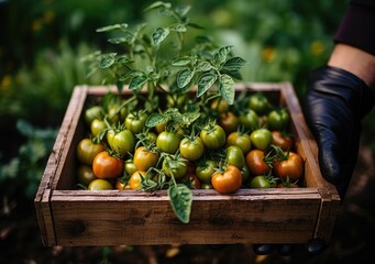 Young farmer with freshly picked tomato in basket. Hand holding wooden box with vegetables in field. Fresh Organic Vegetable. AI Generative.