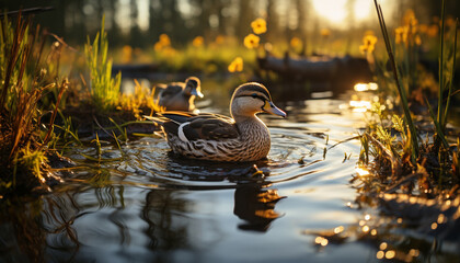 Wall Mural - Tranquil scene  Mallard duck and duckling in a peaceful pond generated by AI