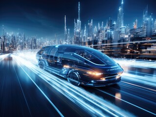 Wall Mural - car or vehicle open headlamp parked in futuristic modern concept. Future transportation. Futuristic autonomous car. Driverless autonomous vehicle. Self-driving car technology. AI Generative.