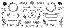 Flower Frame, Vintage Ribbon Doodle Element. Hand Drawn Doodle Cute Floral Border, Arrow, Banner Ribbon Set. Wedding Swirl Element, Floral Frame, Flower Decorative Element. Vector Illustration