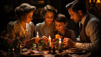 Wall Mural - A joyful family gathers around a candle, smiling and bonding generated by AI