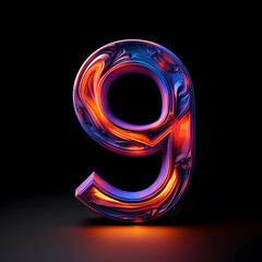 Glossy holographic number 9 isolated on black background. 3D rendered font.