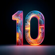 Number 10 in colouful holographic neon style on dark background. 3d rendering
