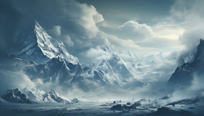 Wall Mural - Majestic mountain peak, snow covered landscape, panoramic view, frozen beauty generated by AI