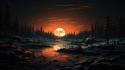 a setting, brightly shining moon in the forest