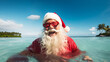 Santa Claus wearing red sunglasses is bathing and enjoying tropical lagoon water with white sand beach and coconut trees