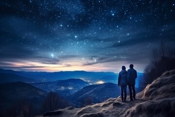 Wall Mural - Two hikers in silhouette standing on a hill looking at the bright starry evening sky. Lovely evening night sky landscape image. Generative AI. 
