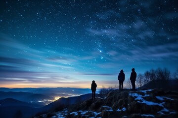 Wall Mural - Three hikers in silhouette standing on a hill looking at the bright starry evening sky. Lovely evening night sky landscape image. Generative AI. 
