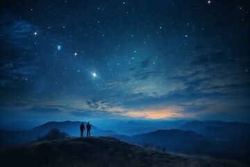 Wall Mural - Two hikers in silhouette standing on a hill looking at the bright starry evening sky. Lovely evening night sky landscape image. Generative AI. 
