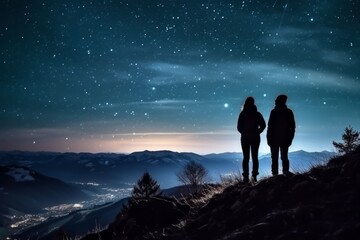 Wall Mural - Two hikers in silhouette standing on a hill looking at the bright starry evening sky. Lovely evening night sky landscape image. Generative AI. 
