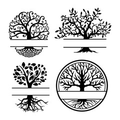 Set of family tree silhouette vector template. Tree with placeholder for family tree design.