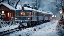 Model Miniature Troller Train Set And Snowy Christmas Decorated Town Setting. Generative AI.
