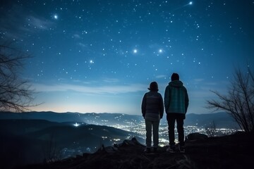 Two hikers in silhouette standing on a hill looking at the bright starry evening sky. Lovely evening night sky landscape image. Generative AI. 
