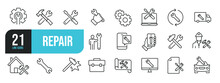 Set Of Line Icons Related To Repair, Screwdriver, Engineer, Support, Setup. Outline Icons Collection. Editable Stroke. Vector Illustration.