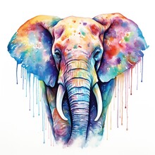 Colorful Image Of Elephant, Watercolor Illustration Isolated On White Background