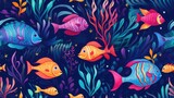 Fototapeta Do akwarium - seamless repeatable pattern of tropical reef with fish and coral that can be repeated to create an endless pattern. generative AI