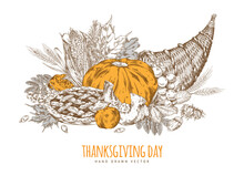 Cornucopia With Pumpkin, Pie, Apple, Leaves,corn And Nuts Vector Illustration.