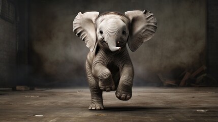 Canvas Print -  a baby elephant is standing on one leg and it's front legs spread wide.  generative ai