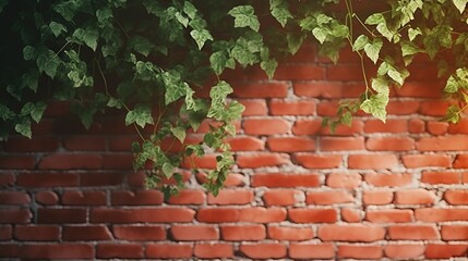 Poster -  a brick wall with green leaves hanging from it's sides.  generative ai