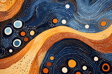 Wall Mural - A orange and blue wallpaper with geometric and circular shapes, in the style of muted earth tones, irregular curvilinear forms