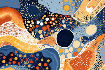 Wall Mural - A orange and blue wallpaper with geometric and circular shapes, in the style of muted earth tones, irregular curvilinear forms