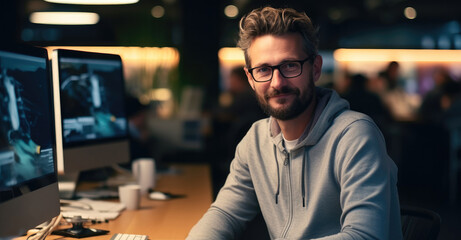Leinwandbilder - Young man programmer working on desktop PC in the office.