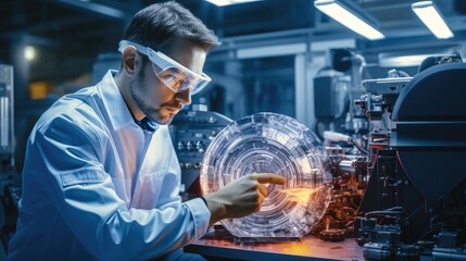 Aufkleber - Professional Engineer works with holographic projection 3D model of the engine turbine prototype in high tech futuristic factory.