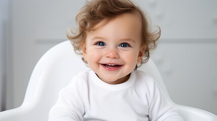 Baby in white outfit sitting on a white chair, looking at the camera with a cheerful expression.