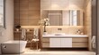 Modern minimalist bathroom interior, modern bathroom cabinet, white sink, wooden vanity, interior plants, bathroom accessories. Interior design project
