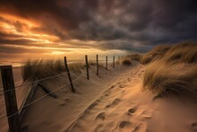 Beautiful Sand Dunes By The Sea, Under A Dramatic Sky, With Grass And Weeds And An Old Fence. Generative AI
