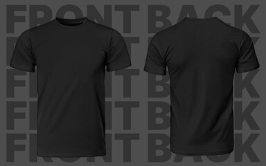 Man Black Tshirt Mockup, Unisex Fashion Illustration Clothes, Men Blank T-Shirt Template, Realistic Font 3D Male Shirt Cloth on Text Grey Background