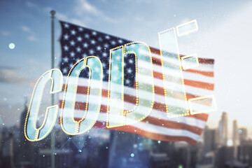 Wall Mural - code word hologram on usa flag and blurry cityscape background, international software development c
