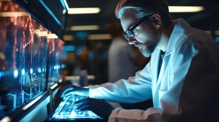 Wall Mural - Medical researcher analyzing data from a high throughput DNA sequencing in laboratory.