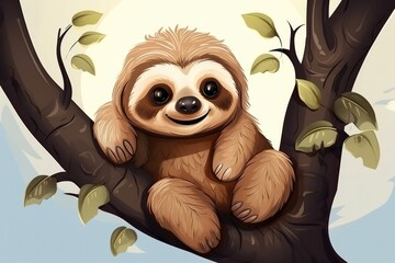 Canvas Print - Funny sloth in nature. Drawn cartoon animal illustration.