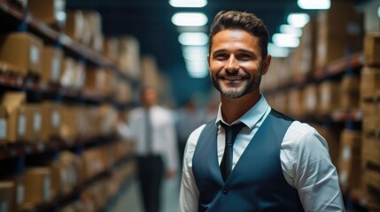 Aufkleber - Smiling salesman using tablet checking supplies in warehouse.