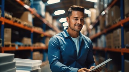 Aufkleber - Smiling salesman using tablet checking supplies in warehouse.