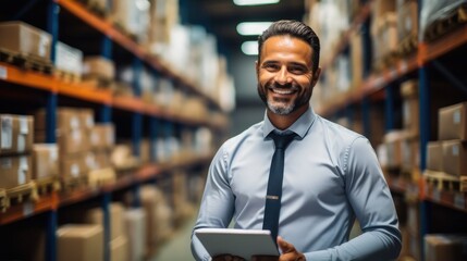 Aufkleber - Smiling salesman using tablet checking supplies in warehouse.
