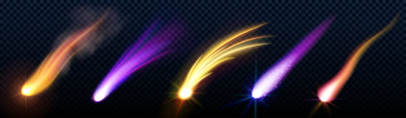 Comet trail effect and meteor star light vector. Asteroid speed fall flame and galaxy fire 3d isolated illustration. Realistic night flare glow from rocket tail. Fireball or missile burst ui vfx