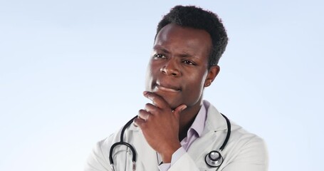 Canvas Print - Thinking, black man and doctor with healthcare, medical and wellness planning in studio. Question, job problem solving and surgeon with work ideas and ready to start working with blue background