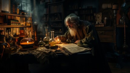 Alchemy Man Reading a Book in Vintage Cabinet