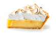 delicious slice of lemon meringue pie on white plate isolated on white background