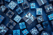 Background of many blue and gray gift boxes, top view. Flat lay